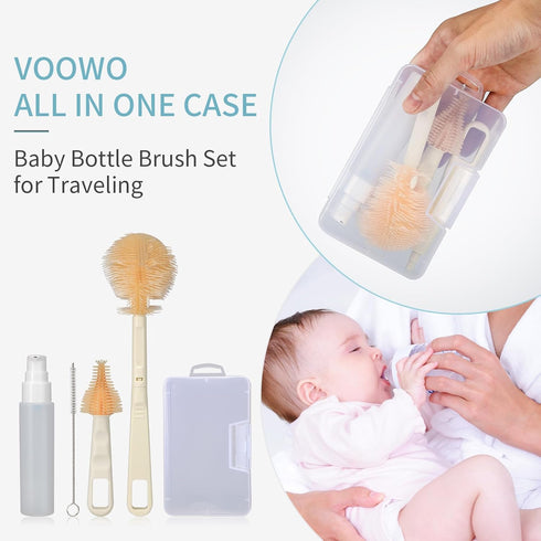 Set Baby Bottle Brush, VOOWO Portable Travel Bottle Cleaner Kit, Silicone Baby Bottle Cleaner Brush with Baby Bottle