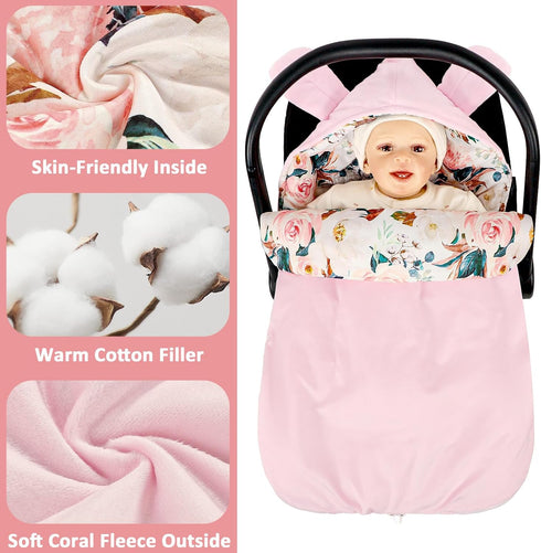 Cozy DILIMI Baby Car Seat Cover Winter, Warm & Baby Bunting Bag, Infant Carrier Cover for Girls and Boys, Pink Floral