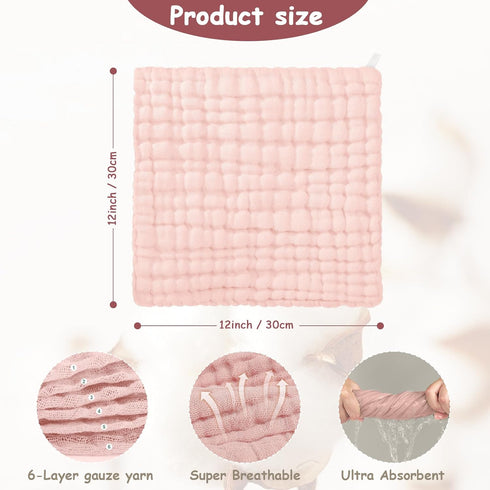 6 Pack, 100% 12x12 inches Looxii Muslin Baby Washcloths Cotton Baby Wash Cloths for Baby Face Body, Large Soft
