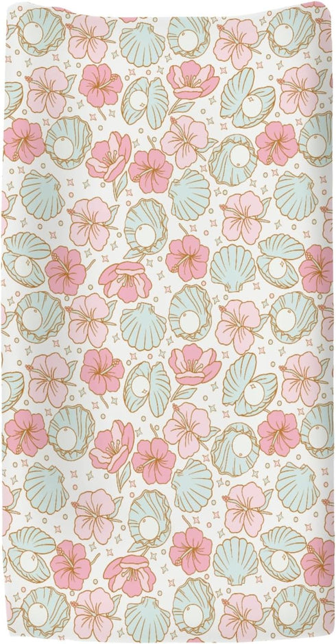 Summer 32''16'' Boho Mermaids Floral Changing Pad Covers for Baby Girls Boys Beach Seashells Conch Tropical Flowers