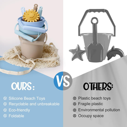 Hungdao 16 Pcs Colorful Silicone Beach Toys Set, Includes 3 Buckets, 3 Shovels, 9 Molds, 1 Beach Bag