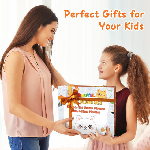 KMUYSL Cat Stuffed Animals Toy for Kids Ages 3-8, Mommy Cat with 4 Baby Kitties, Ideal Xmas Birthday Gifts