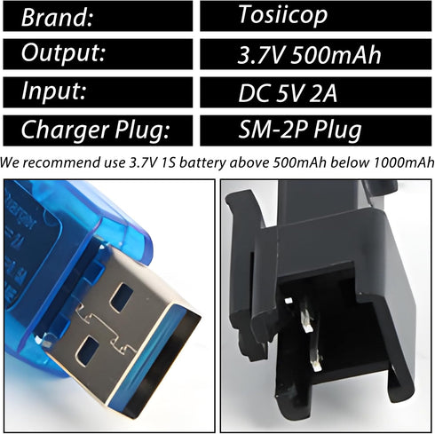 Tosiicop 3.7V SM-2P 2 Pack Lipo Battery Charger - Cable RC Toy Remote Control Car Vehicle Rechargeable Li-ion Batteries