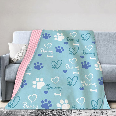 Personalized Baby Blankets for Boys Girls Custom Light Blue Baby Girl Blanket with Cute Puppy Paw Print Design, Soft