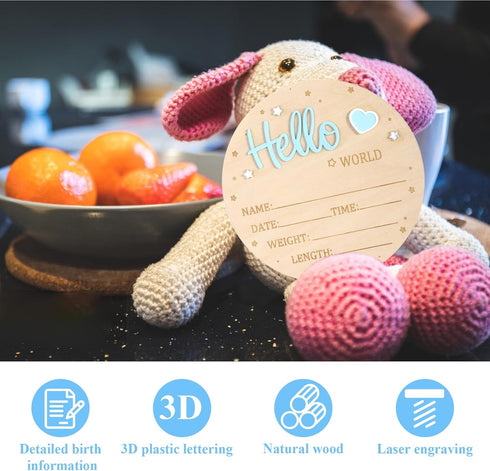 Tweruna 5.9 Inch 3D Wooden Welcome Baby Sign, Hello World Newborn Sign with Heart, Stars Decoration, Round Welcome Baby