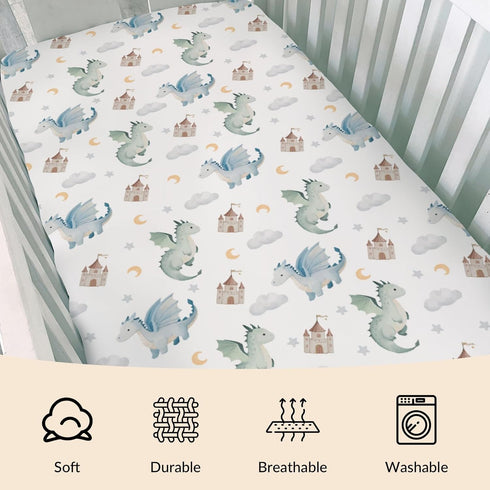Cstdyfrv 28x52in Cute Baby Dragons Castle Crib Sheets Watercolor Fairytale Dragon Moon Stars Soft Breathable Baby