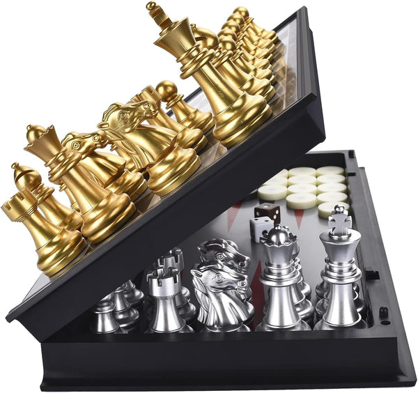 3 in 1 Magnetic Chess Checkers Backgammon Set, Folding Travel Games for Kids and Adults (Chess: Gold & Silver)