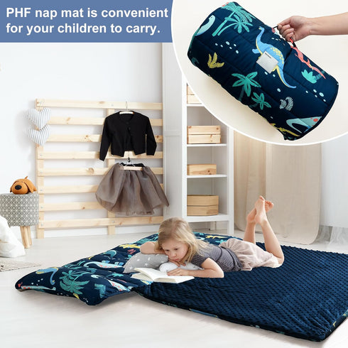 PHF Toddler Nap Mat with Removable Pillow and Minky Fleece Blanket, Dinosaur Design for Kids