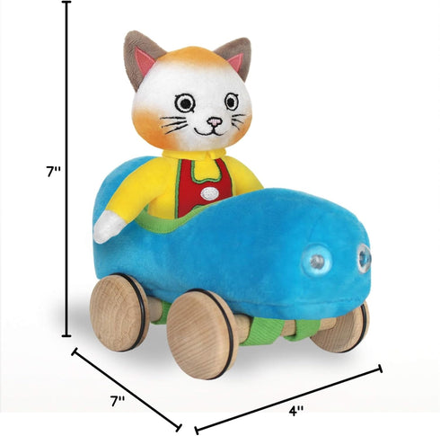 YOTTOY Richard Scarry Collection, Huckle Cat Soft Toy with Busytown Blue Car, 2 in 1 Toy