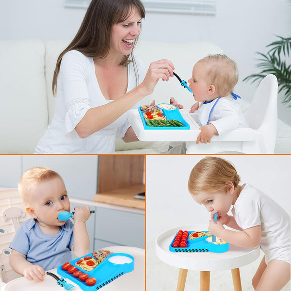Toddler Plates, Eating Utensil Set with Spoon, Fork, and Removable Straw, Construction Theme Toddler Cutlery Set