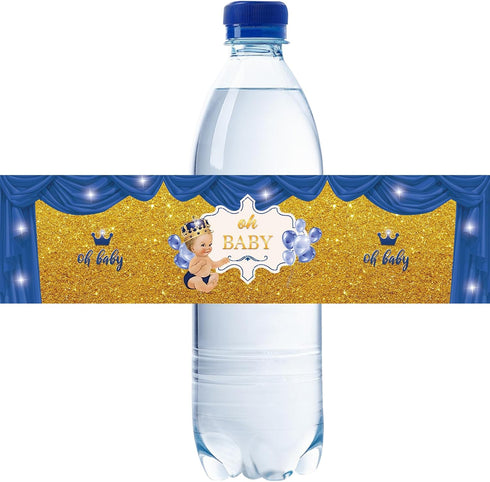 32pcs Blue Oh Baby Water Bottle Labels, Gold Glitter Stickers for Gender Reveal/1st Birthday, Baby Boy Bottle Wrappers