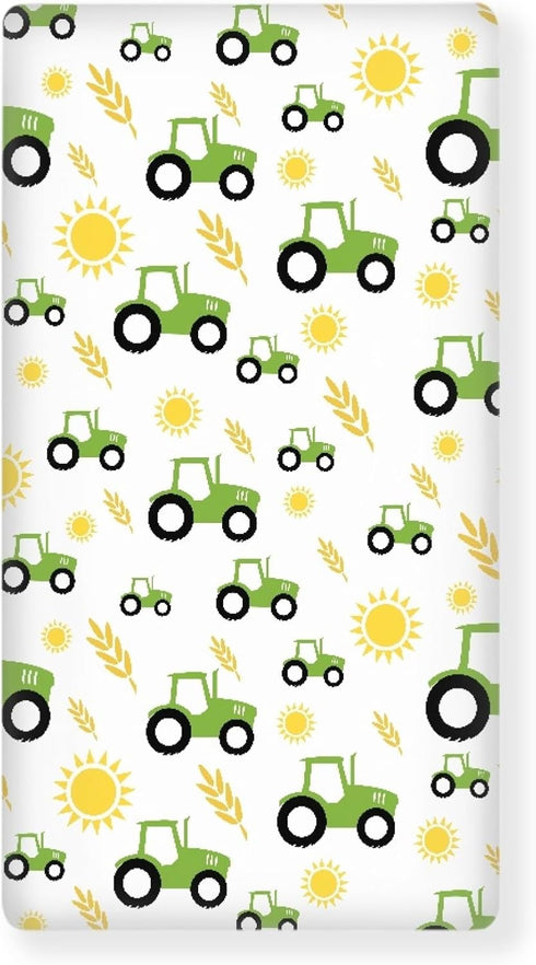 QINBEIDU Green Tractor Farm Fitted Crib Sheet Yellow Sun and Rice Crops Standard