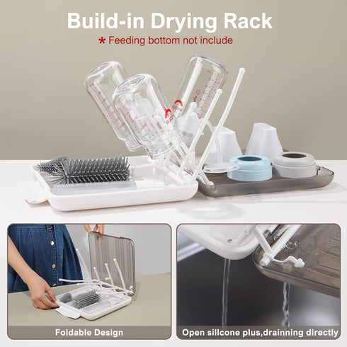 Brush,6 1 Set Baby Bottle in Bottle Cleaner with Extendable Silicone Bottle Brush,Drying Rack,Nipple & Straw