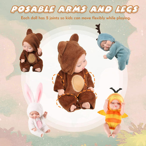 Hanaive 4 Pcs 4 Inch Mini Baby Dolls with Animal Clothes, Cute Tiny Babies Gifts for Kids Birthday (Cute Style)
