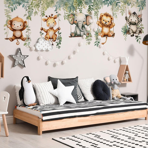 Jungle Animal Wall Decals,Jungle Animals Monkey Elephants, Lions, Zebras, Giraffes Vine Leaves Wall Stickers,Zoo