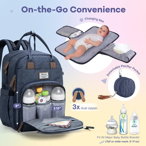 Backpack, Pack RUVALINO Diaper Bag Multifunction Travel Maternity Baby Changing Bags, Large Capacity, Waterproof, Navy