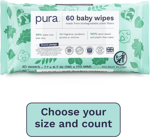 99% 10 Pack 60 (600 Pura Natural Sensitive Baby Wipes, Water, Unscented & Hypoallergenic, Suitable for Sensitive