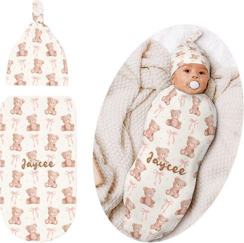 YallLocoMo Personalized Baby Swaddle Blanket for Boys Girls Tdeey Bear Pink Bow Custom