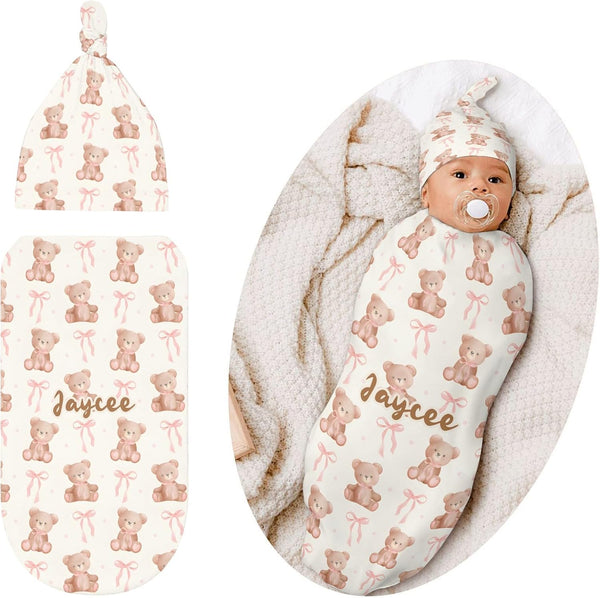 YallLocoMo Personalized Baby Swaddle Blanket for Boys Girls Tdeey Bear Pink Bow Custom