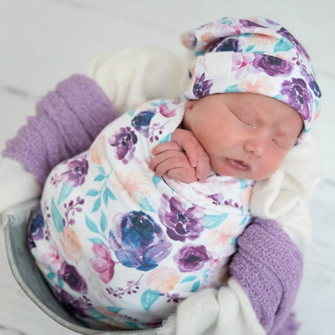 Newborn Floral Print Blanket Baby Stretch Wrap Swaddle Receiving Blanket with Matching Headband and Beanie (Purple