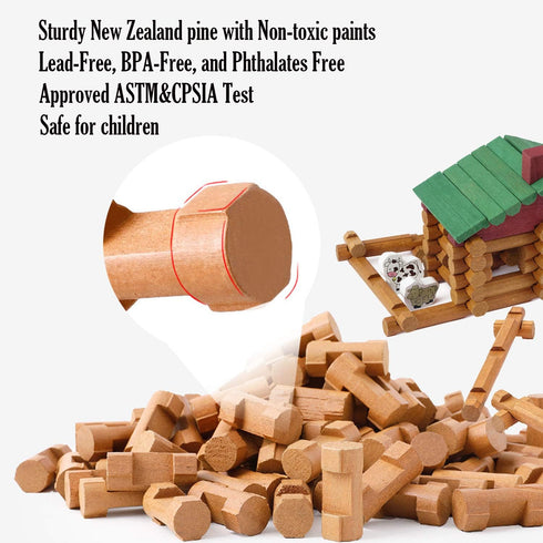 Wondertoys 170 Pieces Wood Logs Set - Classic Building Log Toys for Ages 3+, Creative Engineering Educational Gifts