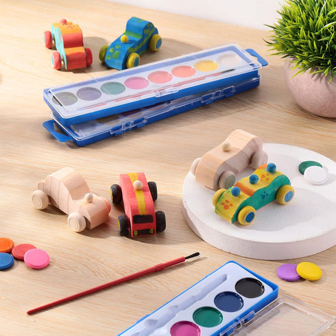 Leitee 24 Sets Unfinished Paintable Wooden Cars DIY Toys with Watercolor Paint for Woodworking Crafts