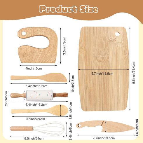 IHFAIO Set 8 Sets Kids Knife for Real Cooking, PCs Kids Cooking for Little Chef, Nature Wood Utensil