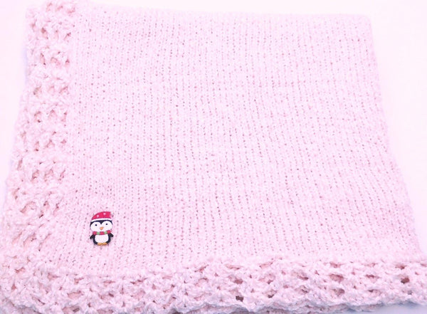 Sanjit Knitted Crochet Finished Medium Pink Chenille Large Blanket with Penguin Patch
