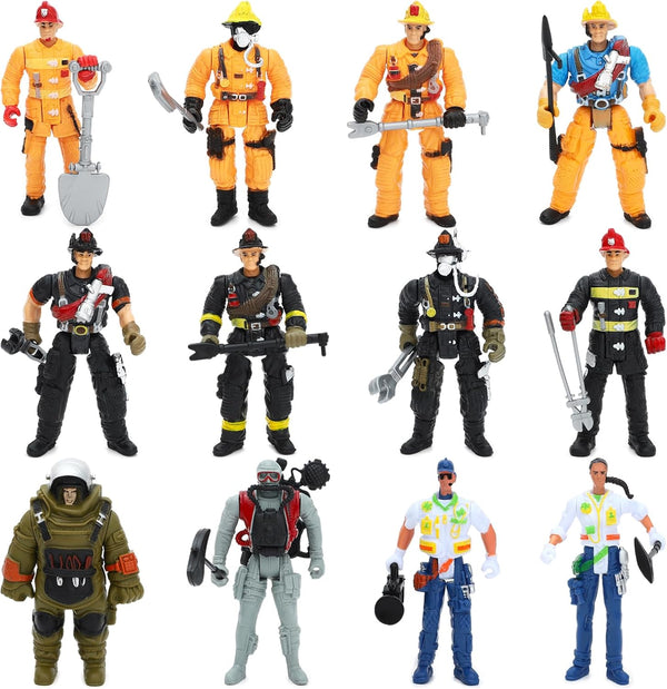 ONEST 12 Pieces Firefighter Action Figures, 4" Toys with Hats & Accessories for Teens Party Decoration