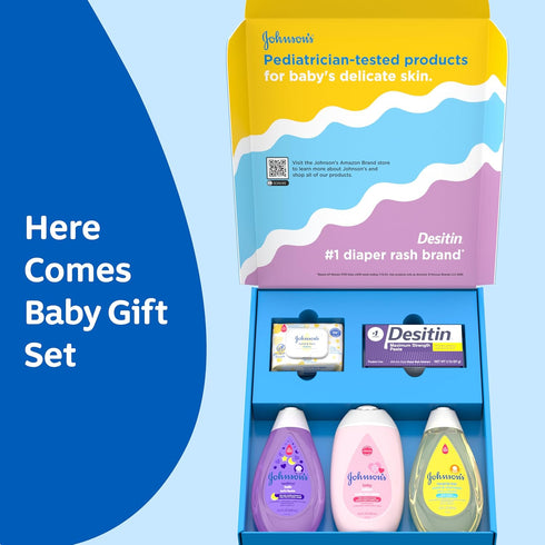 Set, 5 Johnson's Baby Here Comes Baby Gift Baby Essentials for New Parents with Moisturizing Lotion, Bedtime Bath, Body