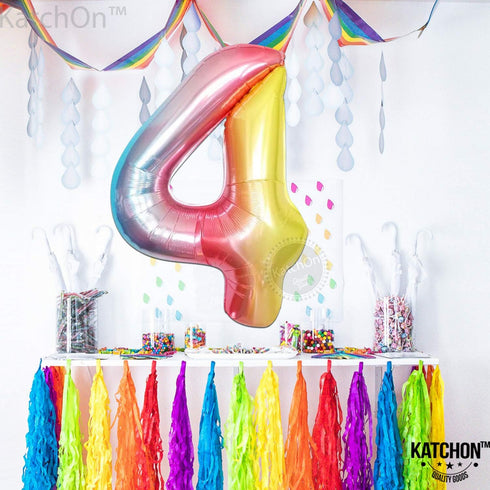 KatchOn Giant Rainbow 4 Balloon - 40 Inch Number 4 Balloon for Unicorn Birthday Decorations