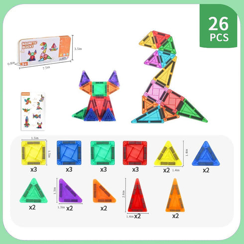 FEWOVUZ 26PCS Set 3+, Mini Magnetic Tiles Building Blocks with Portable Iron Case, STEM Travel Toys for Kids Ages