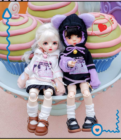 New 1/6, 1/4, 1/3 BJD Doll Clothes Cute Cat Sweater Hoodie Jacket for Big Dolls (Black-Purple, 1/6)