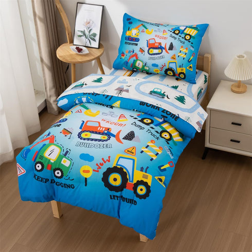 4 Set NTBED Pieces Construction Truck Toddler Bedding for Baby Boys, Cartoon Vehicles Excavator Cars Printed, Includes