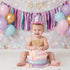 1st Set PapaKit Girl Birthday High Chair Premium Decoration - Sparkle Purple & Teal Ribbon Garland, Crown, One Banner