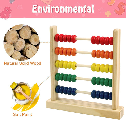 Wooden Abacus for Kids Math - 50 Beads Counting Toy, Multi-Color Counters for Preschool Learning & Development
