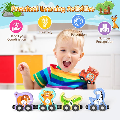 11 Magnetic Wooden Animals Train Set - Montessori Toys for Toddlers - Birthday Gifts for Boys & Girls
