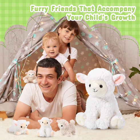 Lenwen 5 Pcs Lamb Stuffed Animal Set, 14 Inch Mommy Lamb Plush with 4 Cute Babies for Nursery Decor