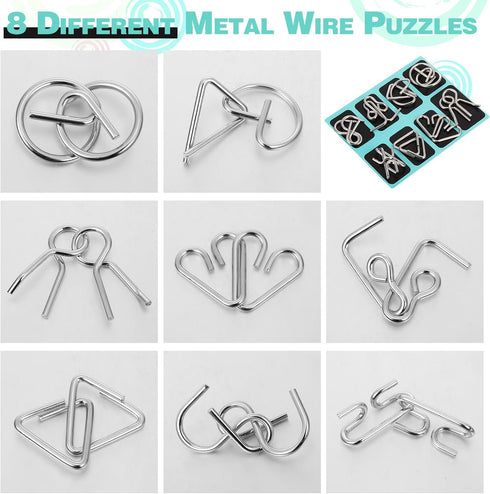 Set 8 Yilloog Metal Wire Puzzle of with Pouch, Brain Teaser Puzzles IQ Test Ring Disentanglement Unlock Interlock Game