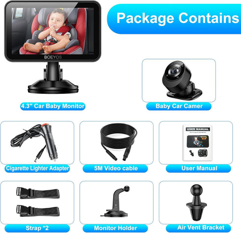 BOEYOS 4.3 inch 1080P Setup, Baby Car Mirror - Baby Car Camera HD - Rear Facing Car Baby Monitor with Night Vision