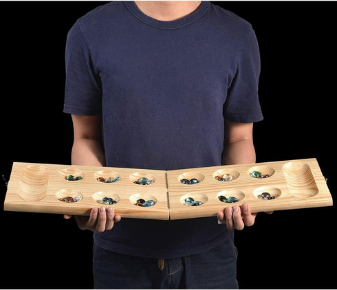 Set 72+8 Package AMEROUS Wooden Mancala Board Game - Upgraded Larger Size - Bonus Multi Color Glass Stones - Folding