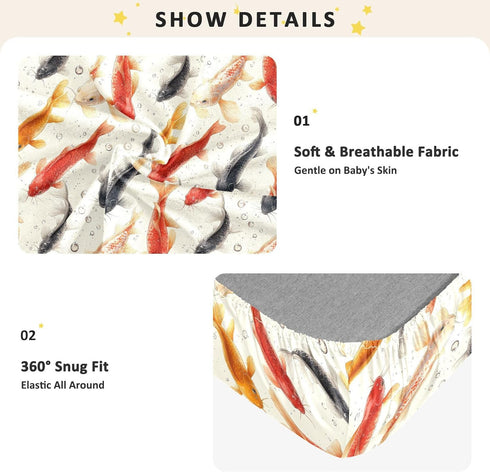 miaozhen 1 Pack 52x28 Cotton Baby Crib Sheets Soft Comfy Beauty Catfish Fishes White Playard Mattress Sheets