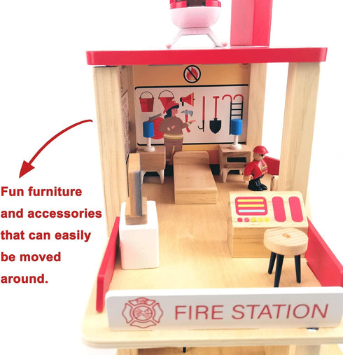 Wooden Fire Station Playset, Multicolor 3-Level Dollhouse with Figures and Accessories for Kids Age 3+