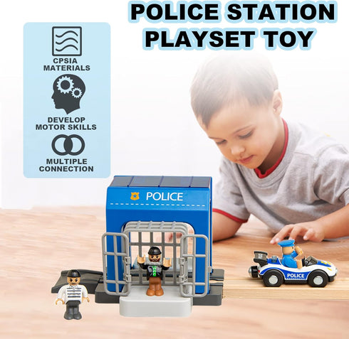 Police Station Playset Toy for Wooden Train Track, Creative City Scenes for Toddlers
