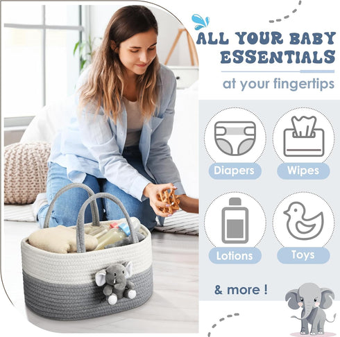 FoldTier Elephant Diaper Caddy Organizer Elephant Cart Storage for Nursery with Handle Baby Shower Basket Gift Baby
