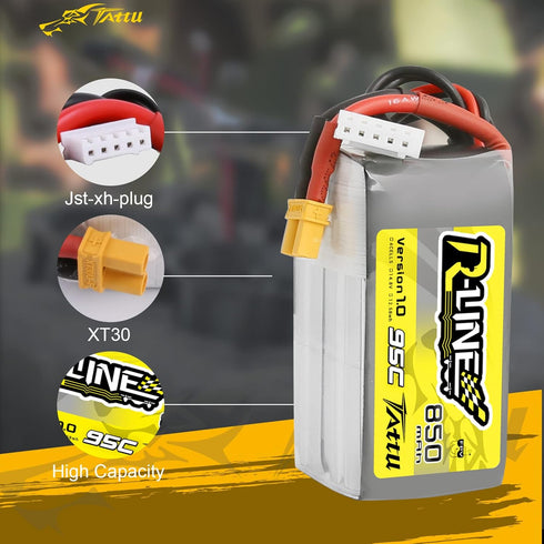 Tattu R-Line 850mAh 14.8V 95C 4S LiPo Battery Pack with XT30 Plug for Multirotor FPV, Size 100 to 180