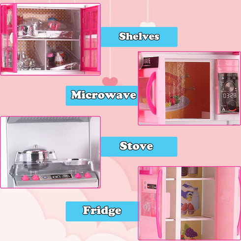 Doll Kitchen Playset for Kids - My Modern Mini Kitchen House with Realistic Lights & Sounds (4-in-1)