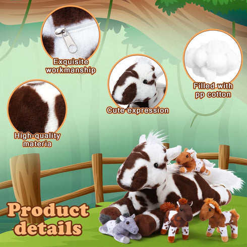 Lenwen 5 Pcs Horse Stuffed Animals Plush Toy Set, Large Mommy Horse with 4 Cute Babies for Toddlers (Lively)