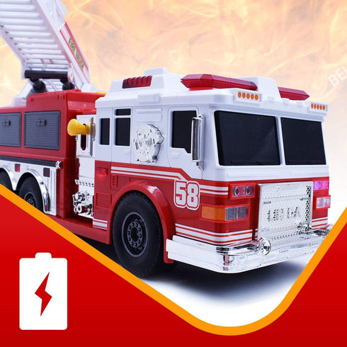 VEBO Fire Truck Motorized with Lights, Siren Sound, Working Water Pump, Rotating Rescue Ladder, Electric Fun Size 15"