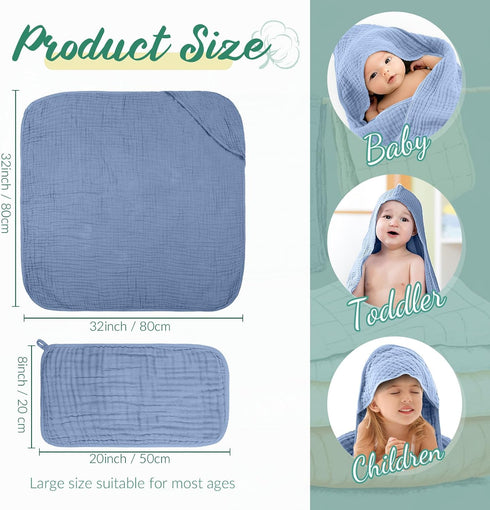 VitalCozy 8 (32 32 Inch,Mist Pcs Baby Muslin Hooded Bath Towels and Washcloths Muslin Cotton Hooded Baby Towels